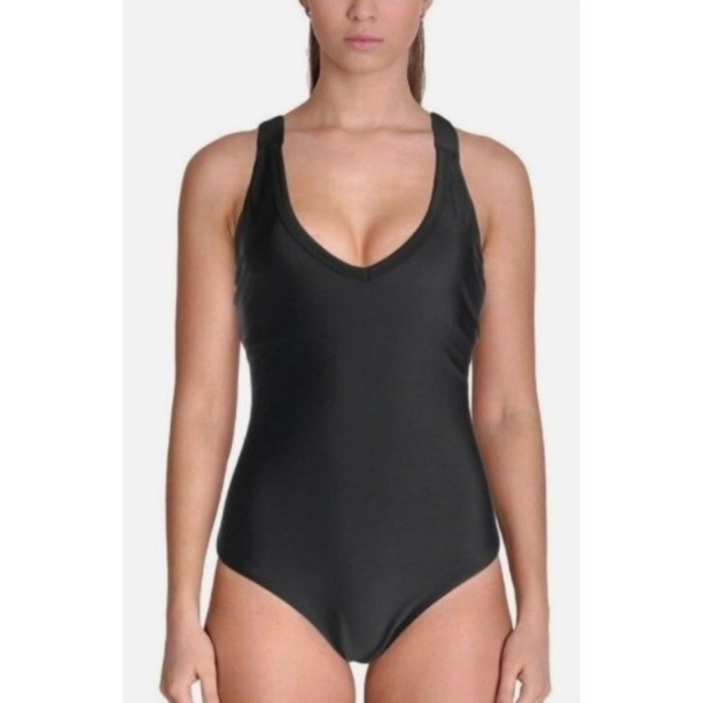 Rachel Roy One Piece Swimsuit Women XLG Black Strappy Back V-Neck T3RS1431